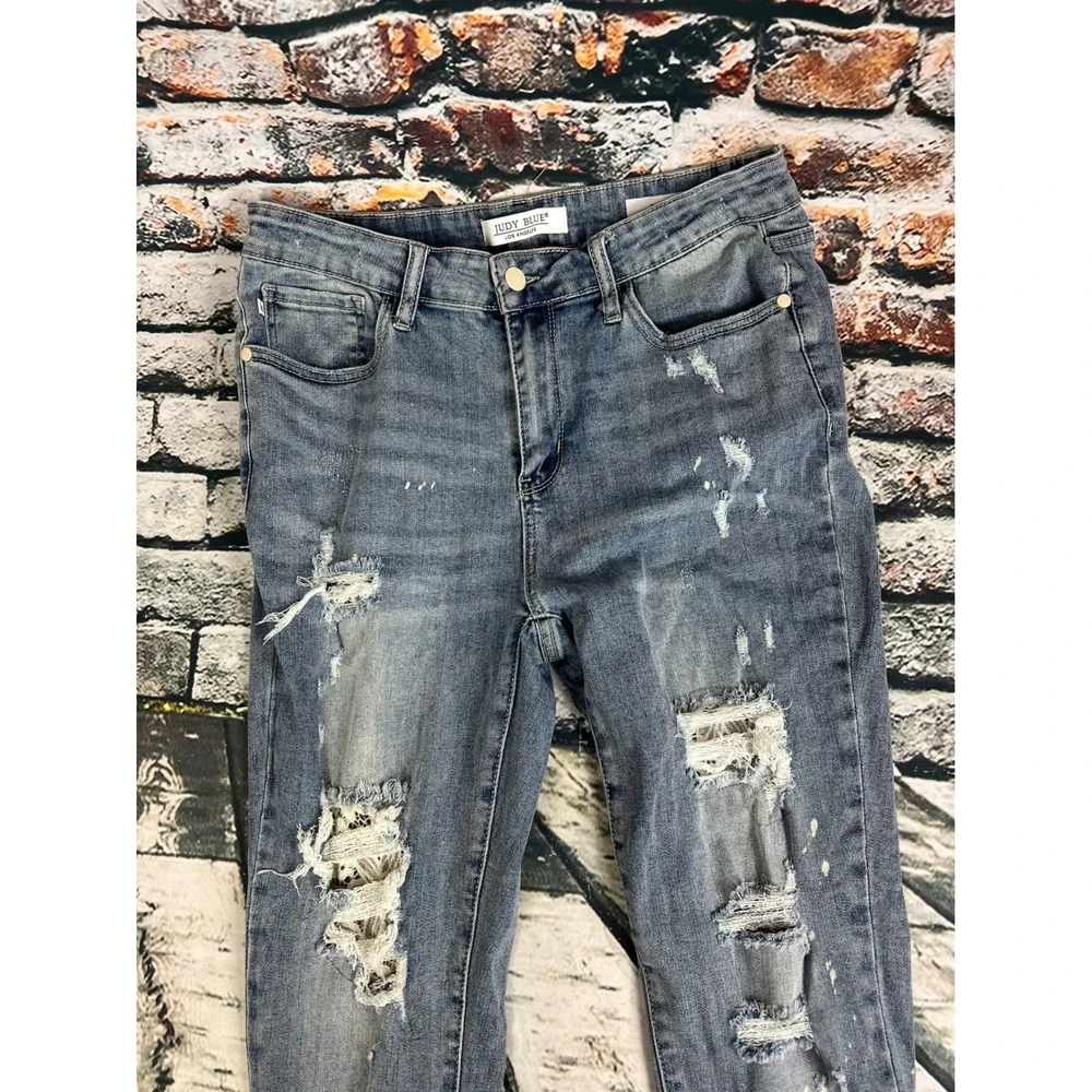 Judy Blue Skinny Jeans Size 13/31 Distressed‎ Ripped Paint Splatter Denim - Picture 4 of 8